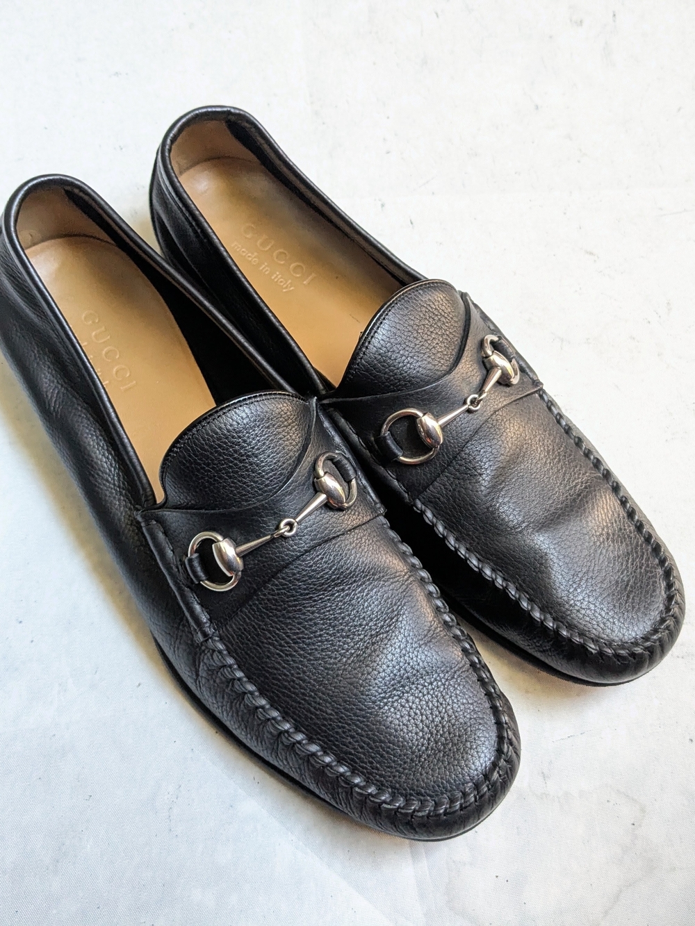 Gucci Black Pebbled Leather Horsebit Slip-On Loafers US 12
